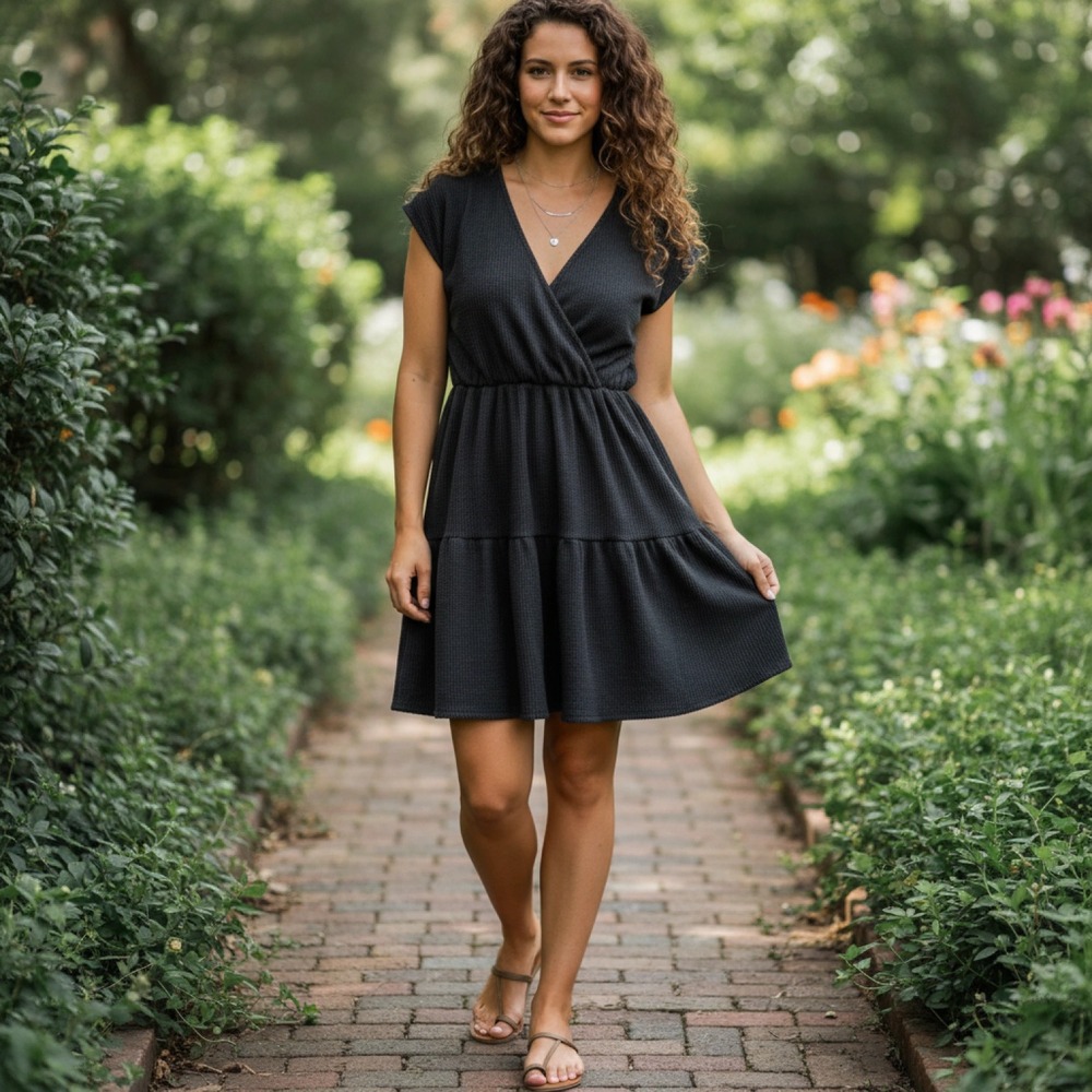 Caution to the Wind Black Textured Dress Womens M V Neck Tiered Casual Boho